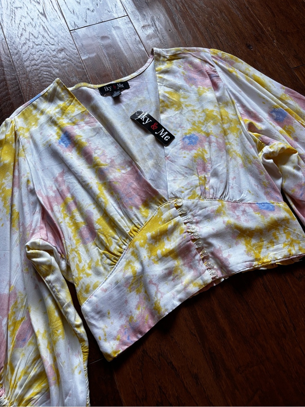 Iky & Me Tie Dye Balloon Sleeve Crop Top Pink Yellow | Size XL | NWT - Picture 7 of 10